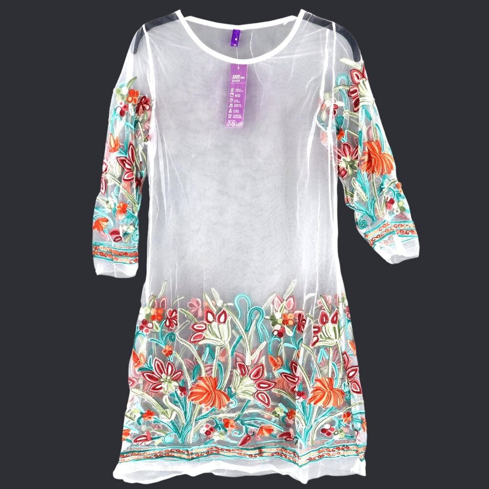 Romacci Sheer Mesh Dress Womens M White Fairy Boho Cottage Granny Feminine NWTโ